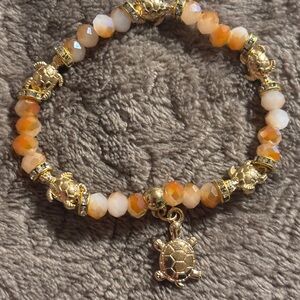 Gold and Orange jade Gemstone Turtle Charm Bracelet.